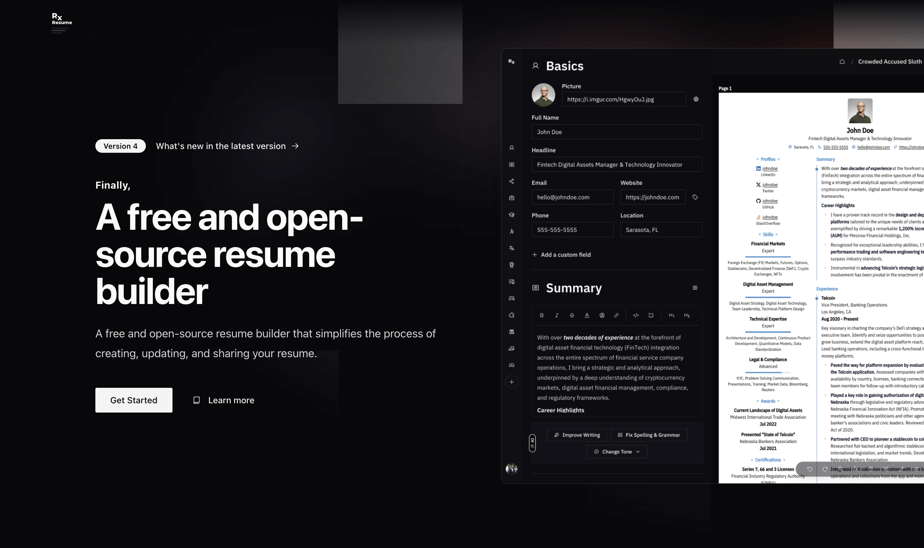 Reactive Resume：免费开源的简历制作工具，输入基本信息之后就可以生成好看的简历