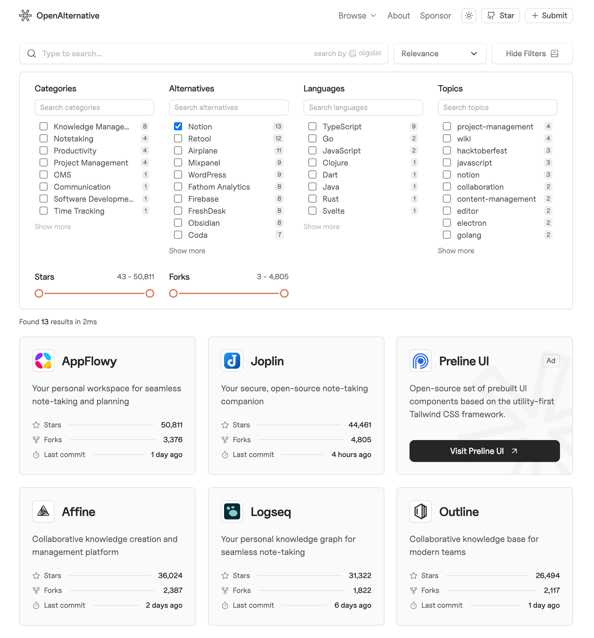 OpenAlternative：收录各类应用的开源替代版，类型最多的是开发工具和笔记工具