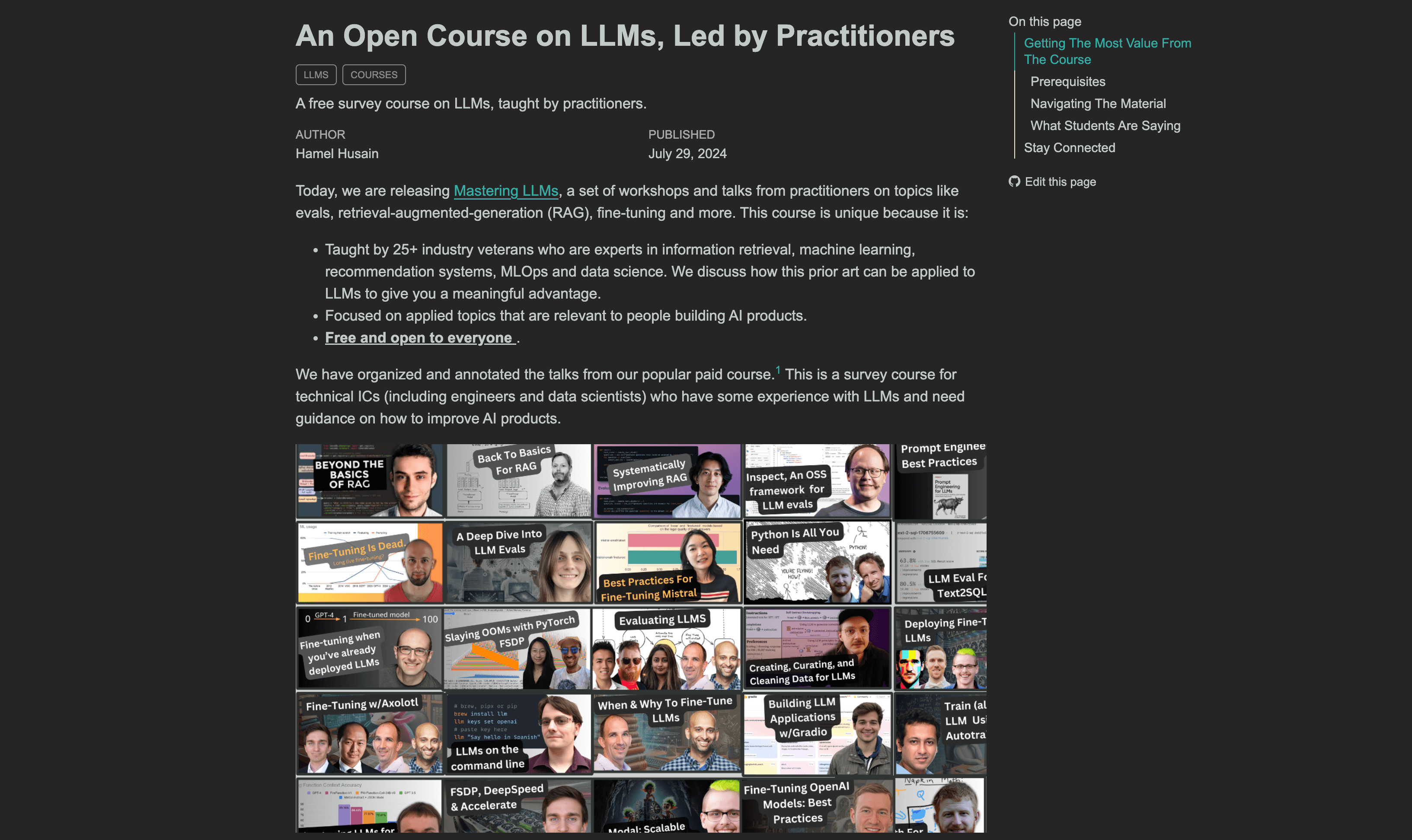 Mastering LLMs：An Open Course on LLMs：一个由行业专家主讲的免费大型语言模型课程，课程内容涵盖评估、检索增强生成、微调等主题，适合小白入门