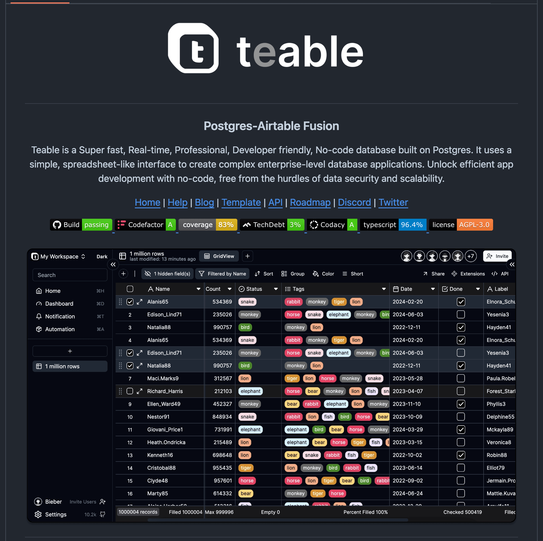 Teable：Airtable 的开源替代品，通过无代码的方式搭建数据库